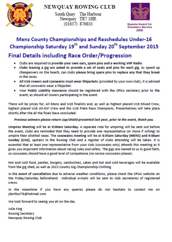 Newquay mens juniors champs info